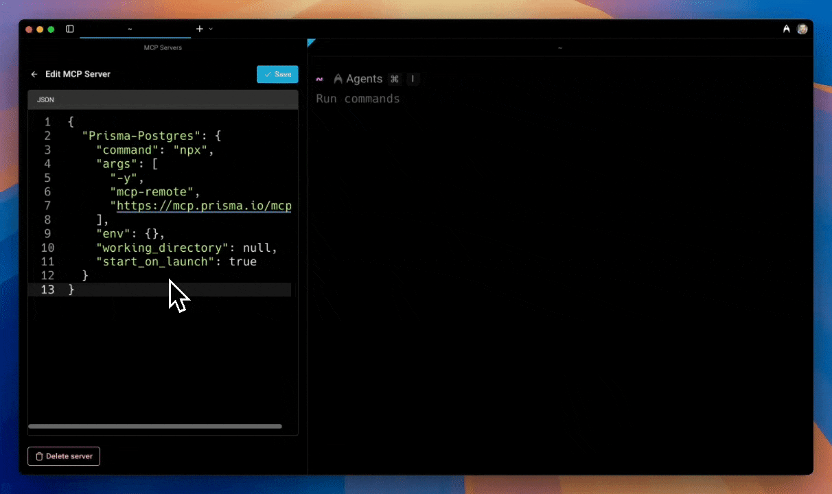 Warp AI creating a Prisma Postgres database through the remote MCP server
