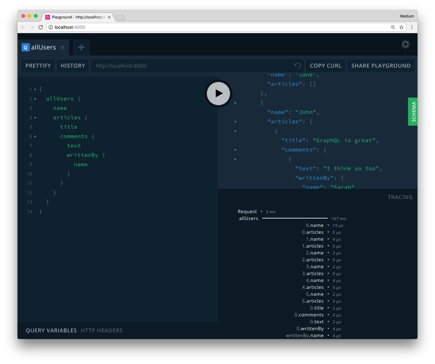 GraphQL Playgrounds support displaying tracing data for resolvers out-of-the-box (bottom right)