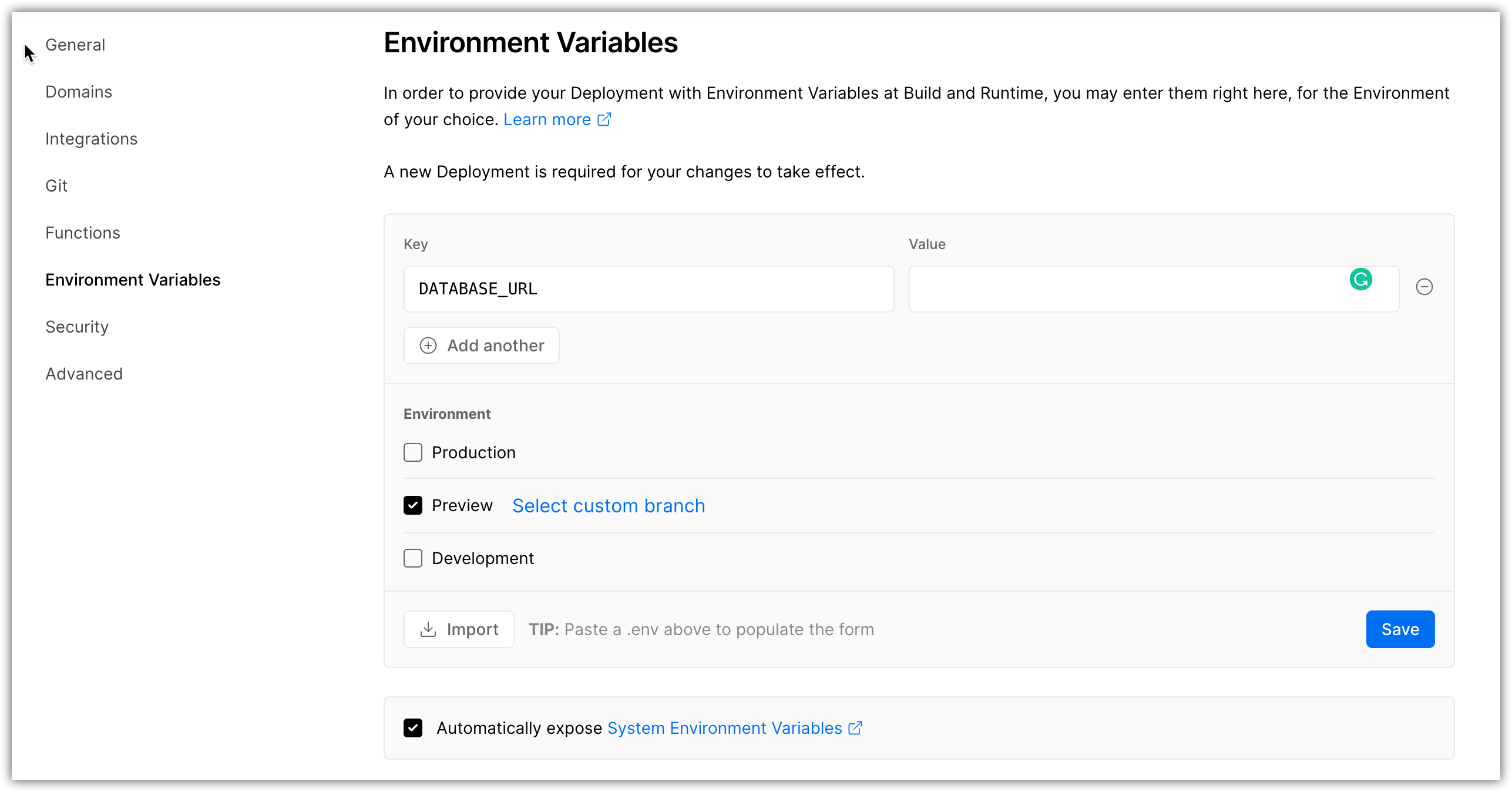 Add an environment variable for the preview environment