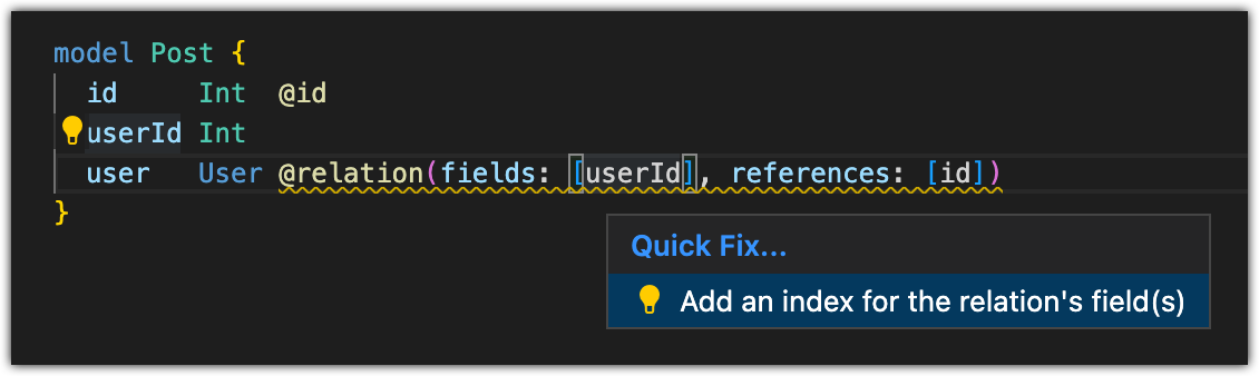 The Quick Fix pop-up for adding an index on a relation scalar field in VS Code